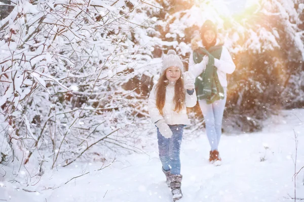 年轻的家庭散步 妈妈和女儿在雪地的公园里散步 — 图库照片