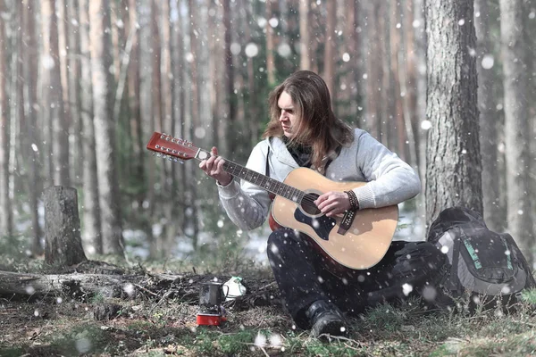 Ormanda Piknikte Gitarist Ormandaki Bir Çadırda Akustik Gitarı Olan Bir — Stok fotoğraf