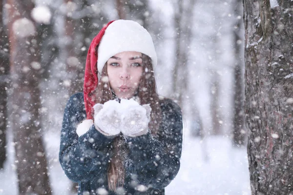 Fille Dans Parc Hiver Après Midi Chute Neige — Photo