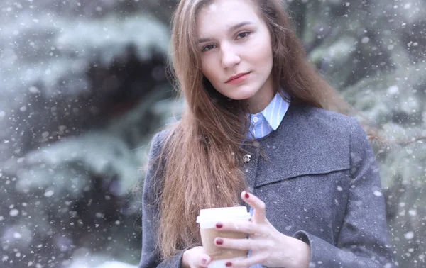 Young Girl Outdoors Winter Model Girl Posing Outdoors Winter Day — Stock Photo, Image