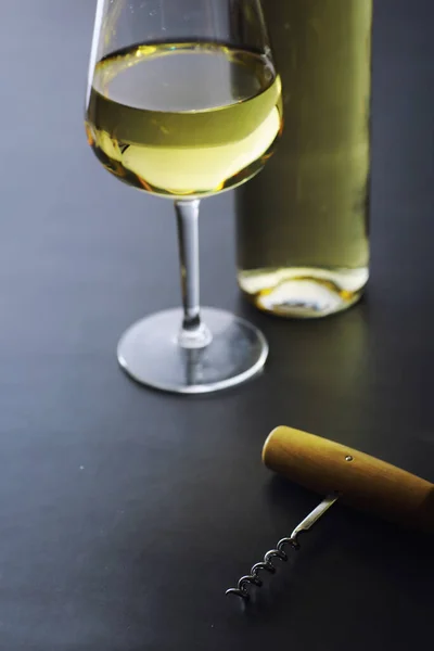 Transparent Bottle White Dry Wine Table White Wine Glass Wooden — Stock Photo, Image