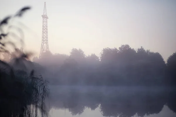 Fog in the lake. Morning nature water and white fog.