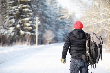 Bir adam sırt çantasıyla seyahat eder. Ormanda kış yürüyüşü. Kışın parkta yürüyüş yapan bir turist..