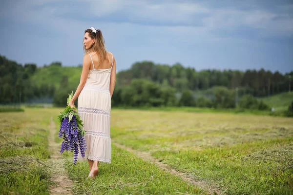 Beautiful Girl Bouquet Blue Flowers Nature Summer — Stock Photo, Image