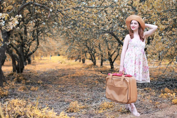 Lány Bőr Bőrönddel Utazás Őszi Parkban Egy Séta — Stock Fotó