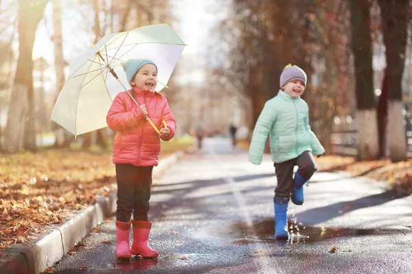 Los Niños Caminan Parque Otoño Fal — Foto de Stock