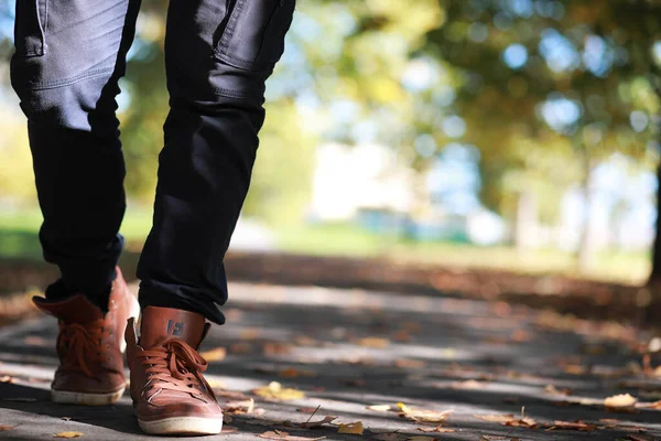 Herfst Park Man Loopt Langs Een Pad Gebladerte — Stockfoto