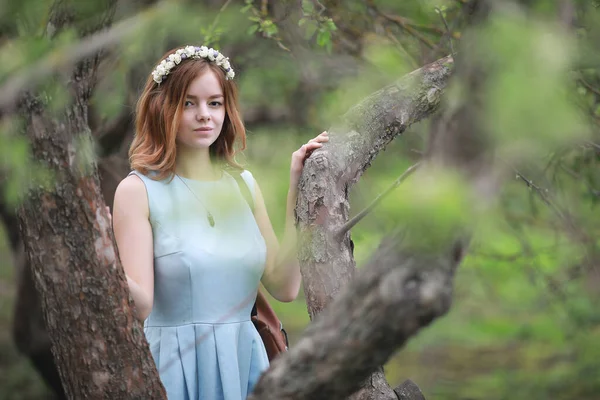 緑の夏の公園で青いドレスの少女 — ストック写真