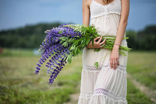 Beautiful Girl Bouquet Blue Flowers Nature Summer — Stock Photo, Image