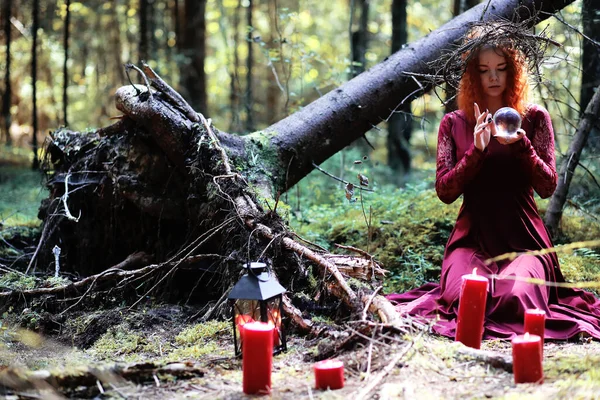 Red Haired Witch Holds Ritual Crystal Ball Forest — Stock Photo, Image