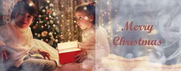 Family Christmas Eve Fireplace Kids Opening Xmas Presents Children Christmas — Stock Photo, Image