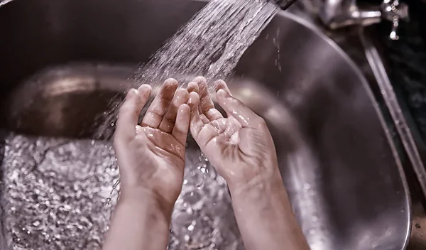 Hygiëne Regels Handwas Voor Maaltijd Antibacteriële Behandeling Handen Met Zeep — Stockfoto