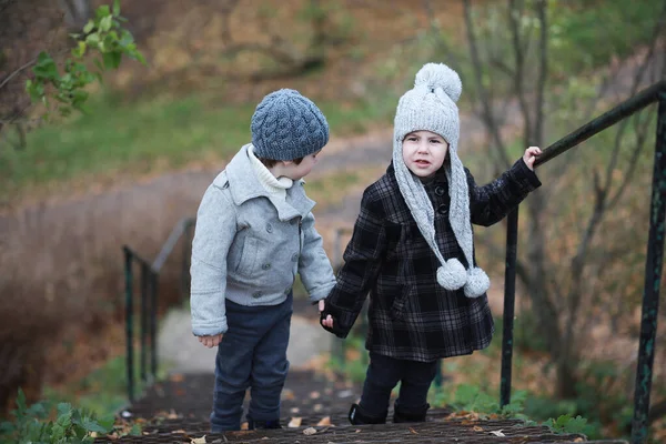 Les Enfants Marchent Dans Parc Automne Automne — Photo