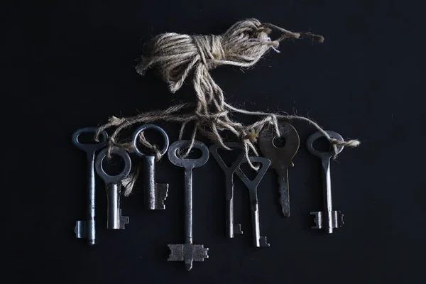 Set Vintage Keys Lock Retro Keys Dark Stone Background Concept — Stock Photo, Image