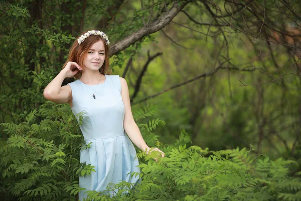 Girl Blue Dress Green Summer Park — Stock Photo, Image