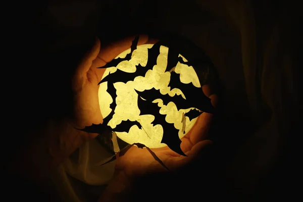 Schwarze Silhouetten Von Fledermäusen Auf Dem Hintergrund Des Mondes Halloween — Stockfoto