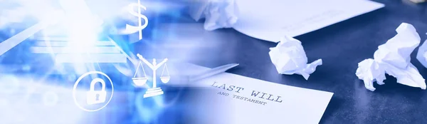 Legal concept. The procedure for writing the last will. Papers with testament on table. Registration of the last will and testament.
