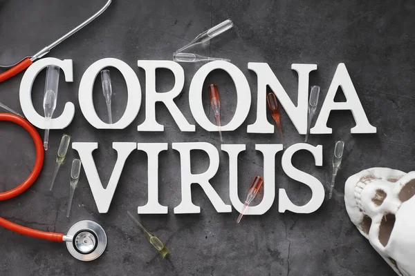 医学的背景 ウイルスに手紙を コロナウイルスの木の手紙 世界で最も致命的なパンデミックウイルスの背景 ウイルスのワクチン — ストック写真