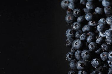 Olgun tatlı yaban mersinine su damlası. Metnin için fotokopi alanı olan taze yabanmersini arkaplanı. Vejetaryen ve vejetaryen kavramı. Yaban mersinli böğürtlenlerin makro dokusu. Yaban mersinli dokular kapanıyor.