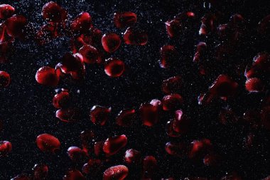 Olgun tatlı nar tohumlarına su damlaları düşer. Metnin için kopyalama alanı olan taze nar arkaplanı. Vejetaryen ve vejetaryen kavramı.