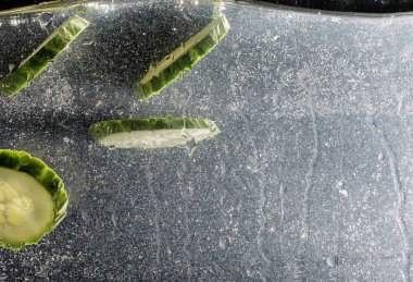 Olgun salatalığa su damlası. Metnin için fotokopi alanı olan taze sebzeler. Vejetaryen ve vejetaryen kavramı.