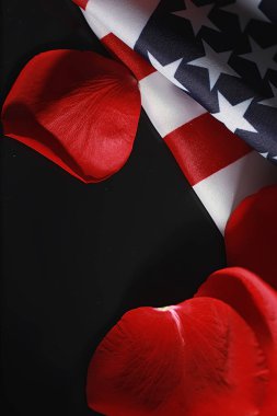 Masada Amerikan bayrağı ve gül çiçeği var. Amerika Birleşik Devletleri 'nin sembolü ve kırmızı yapraklar. Vatanseverlik ve hafıza.