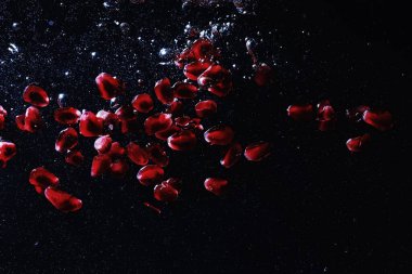 Olgun tatlı nar tohumlarına su damlaları düşer. Metnin için kopyalama alanı olan taze nar arkaplanı. Vejetaryen ve vejetaryen kavramı.