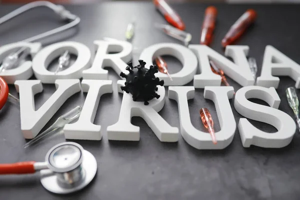 Esperienza Medica Virus Lettering Coronavirus Lettere Legno Sfondo Del Virus — Foto Stock