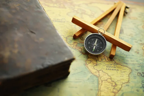 Travel Adventure Search Concept Vintage Aged Map Shabby Book Compass — Stock Photo, Image