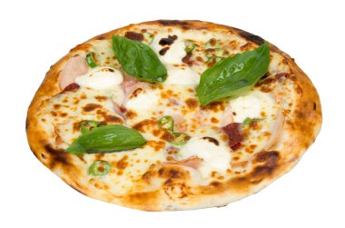 Yumurta, jambon, peynir ve biber pizza.