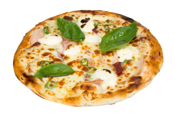 Pizza com ovos, presunto, queijo e pimentão . — Fotografia de Stock