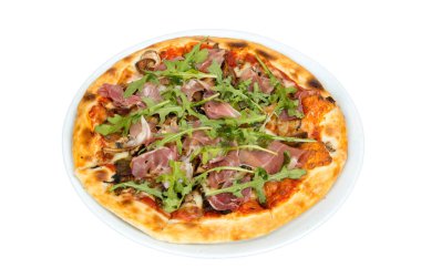 Pizza domates sosu, pastırma ve mantar ile.