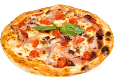 Kiraz domates, et ve peynir pizza.