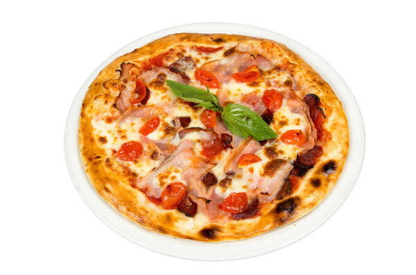 Pizza with cherry tomatoes, meat and cheese.