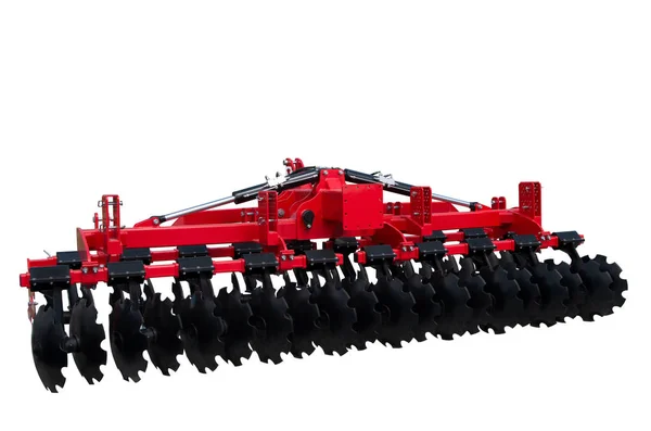 Disc harrow trailer voor een landbouw-tractor. Metalen schijven te breken grond. Geïsoleerd op wit. — Stockfoto