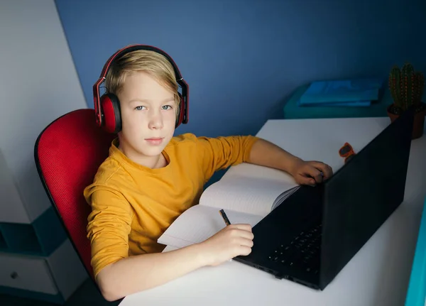 child learns online. Distance education. Boy tired after school