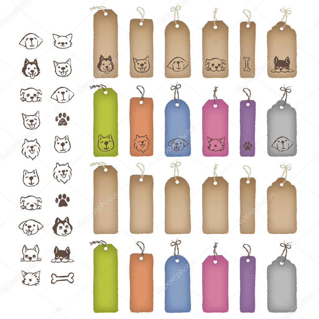 Various shaped price tags and dog illustrations