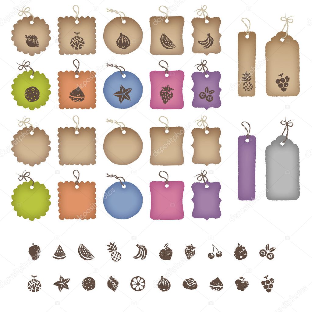 Various shaped price tags and fruits illustrations