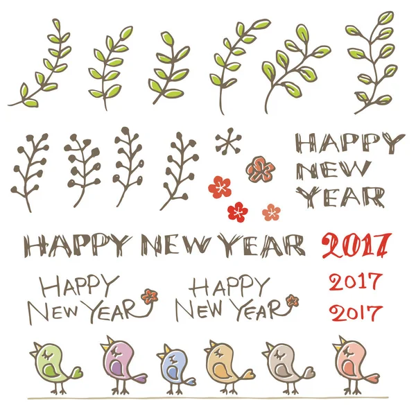Petits oiseaux, plantes et mots de bienvenue du Nouvel An — Image vectorielle