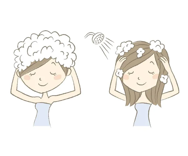 Женщина моет волосы шампунем — стоковый вектор