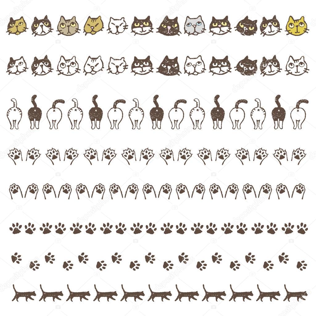 Decorated border line with different cats, paws and buttocks