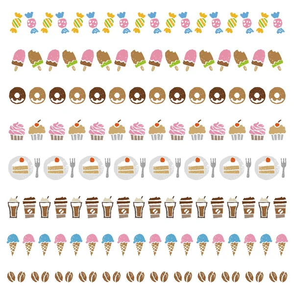 Декоративні прикордонні лінії з солодощами та кавою — стоковий вектор