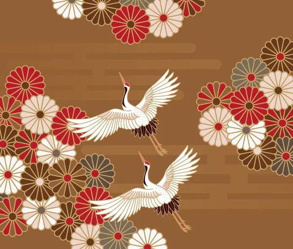 鶴と菊の日本伝統的なパターン — ストックベクタ