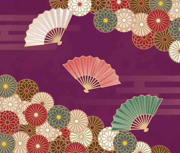 Patrón floral de estilo japonés con crisantemos y abanico de mano — Archivo Imágenes Vectoriales