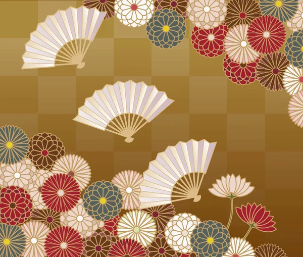 Patrón floral de estilo japonés con crisantemos y abanico de mano — Archivo Imágenes Vectoriales