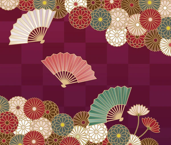 Padrão floral estilo japonês com crisântemos e ventilador de mão — Vetor de Stock
