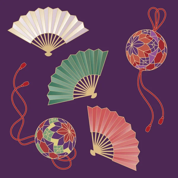 Japanese traditional hand fans and handballs — Stock Vector