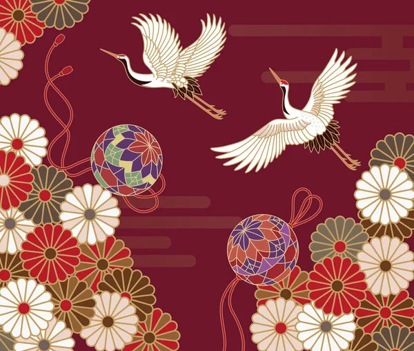鶴と菊の日本伝統的なパターン — ストックベクタ