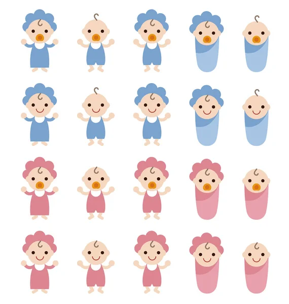 Набор улыбающихся младенцев в голубой и розовой одежде — стоковый вектор