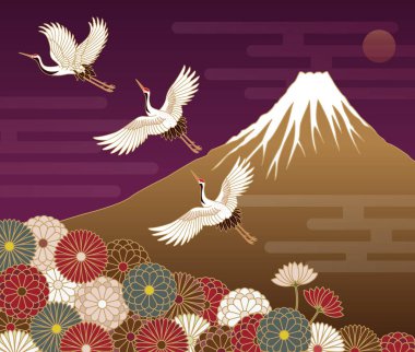 Fuji Dağı, vinçler ve kasımpatı çiçekleri